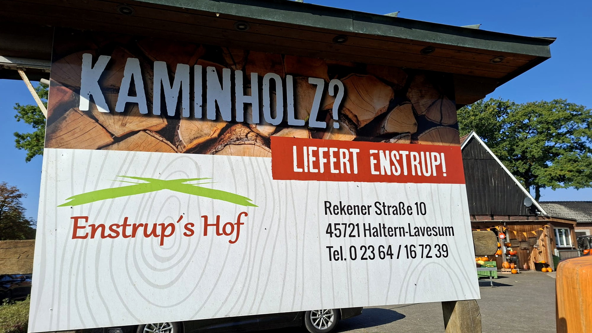 Hofschild von Enstrup’s Hof: Kaminholz liefert Enstrup – Rekener Straße 10, Haltern-Lavesum