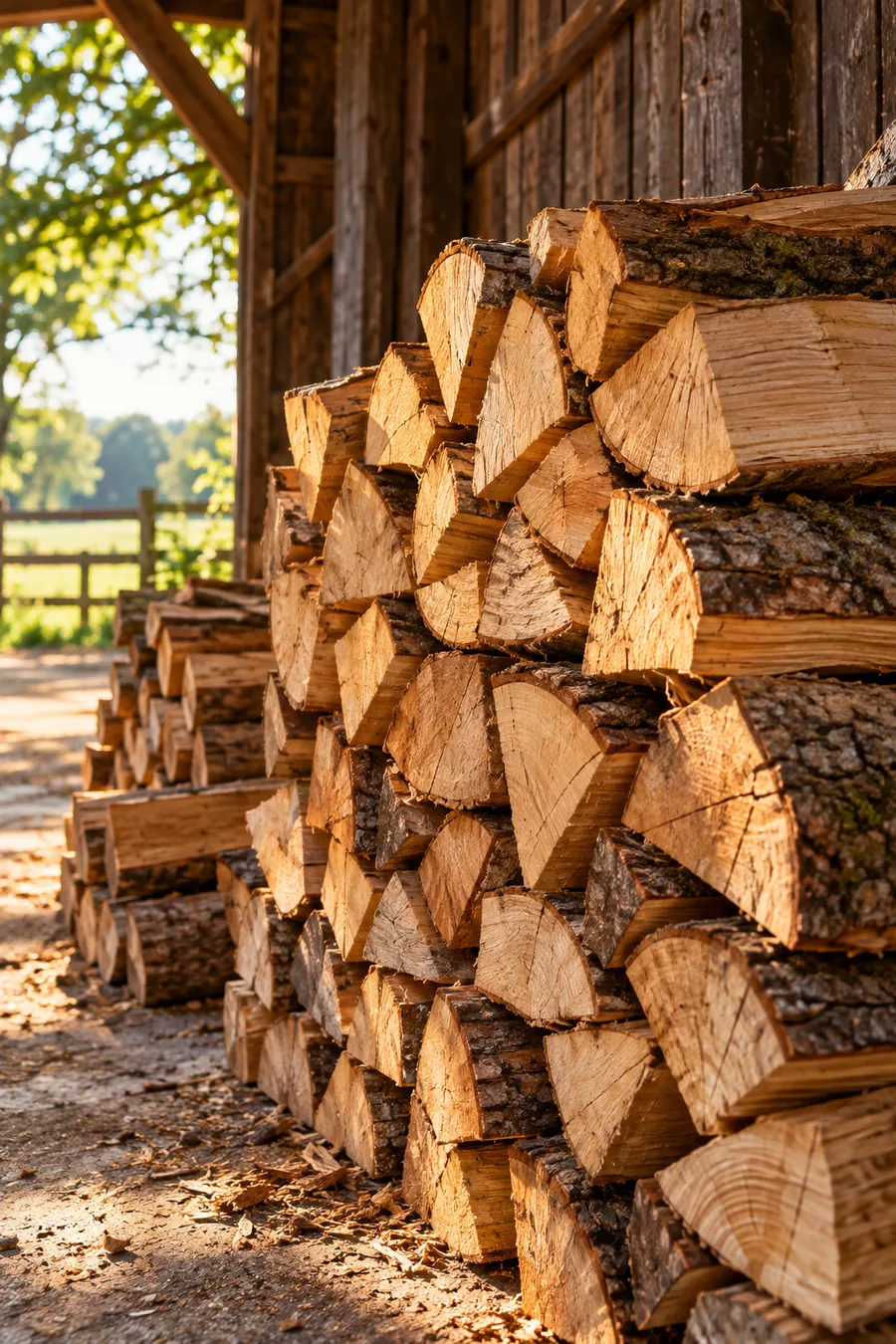 Fotorealistische Ansicht von sauber gestapeltem, gespaltenem Kaminholz in einem rustikalen Holzschuppen